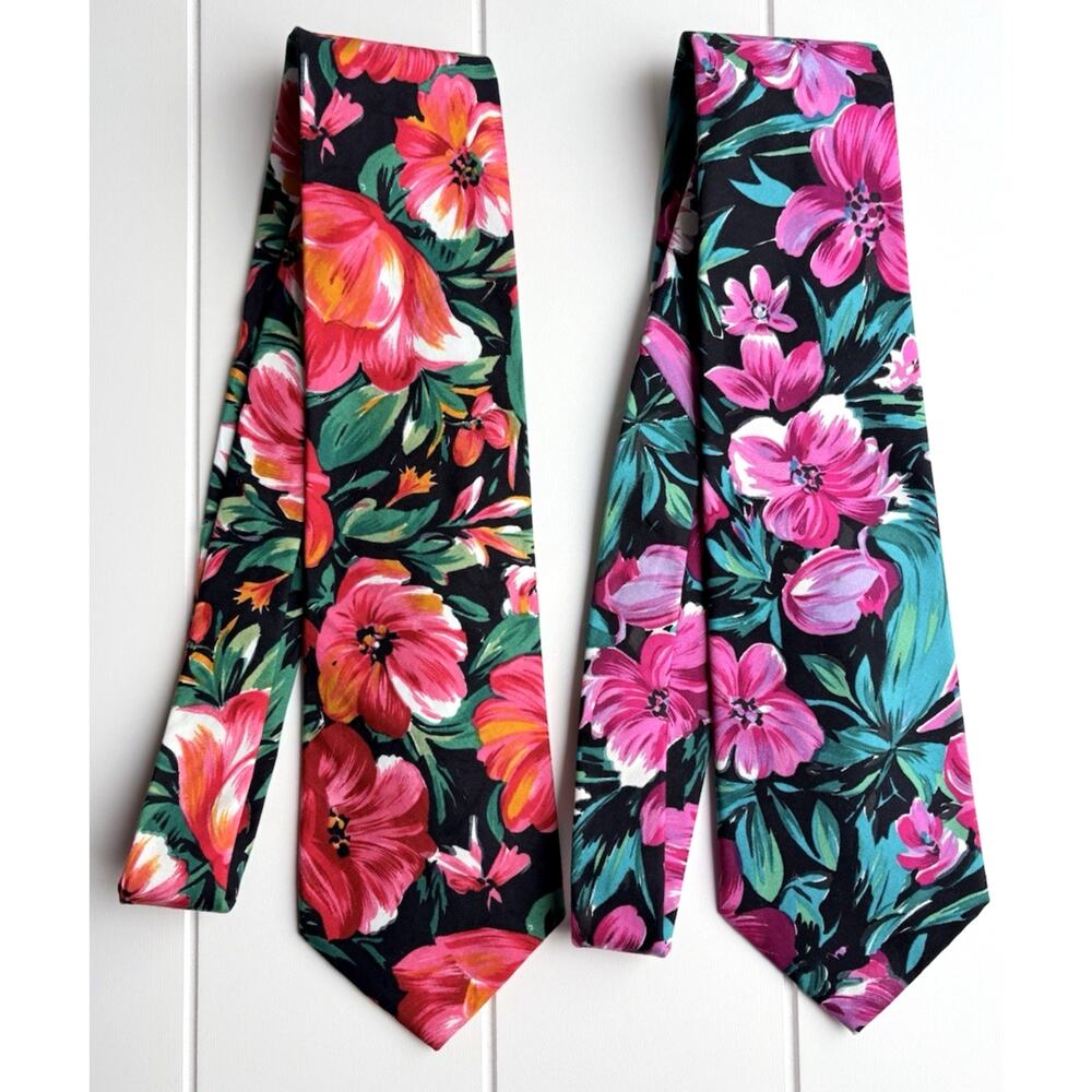 Vintage Rooster Tropical Floral Cotton Tie Lot of 2 USA 100% Cotton 54.5" x 4" W